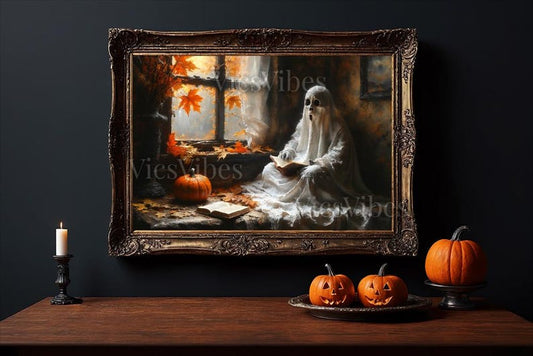 Ghost Art Print Halloween Decor Gothic Canvas Spooky Autumn Scene Ghost Reading Pumpkin Fall Leaves Framed Wall Art Cozy Home Decor