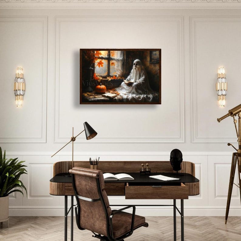 Ghost Art Print Halloween Decor Gothic Canvas Spooky Autumn Scene Ghost Reading Pumpkin Fall Leaves Framed Wall Art Cozy Home Decor