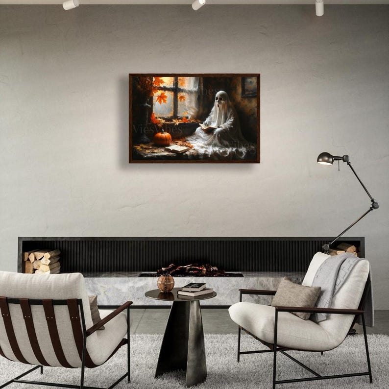 Ghost Art Print Halloween Decor Gothic Canvas Spooky Autumn Scene Ghost Reading Pumpkin Fall Leaves Framed Wall Art Cozy Home Decor