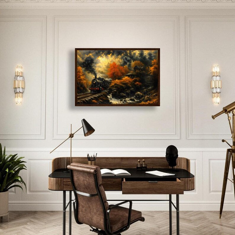 Train Landscape Wall Art Autumn Steam Train Poster Fall Forest Scene Cozy Cabin Wall Decor Framed Rustic Stream Painting Canvas Print