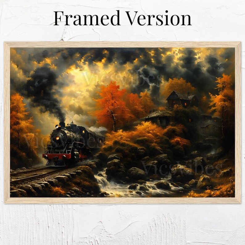 Train Landscape Wall Art Autumn Steam Train Poster Fall Forest Scene Cozy Cabin Wall Decor Framed Rustic Stream Painting Canvas Print