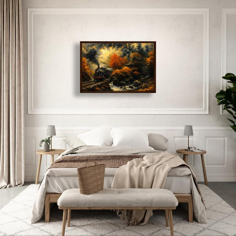 Train Landscape Wall Art Autumn Steam Train Poster Fall Forest Scene Cozy Cabin Wall Decor Framed Rustic Stream Painting Canvas Print