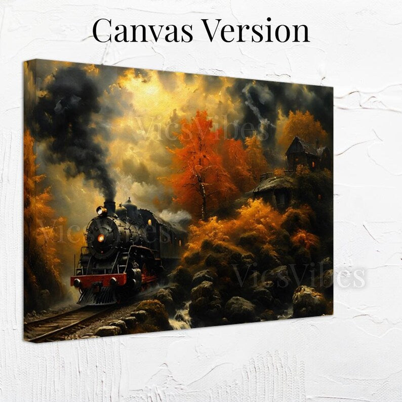 Train Landscape Wall Art Autumn Steam Train Poster Fall Forest Scene Cozy Cabin Wall Decor Framed Rustic Stream Painting Canvas Print