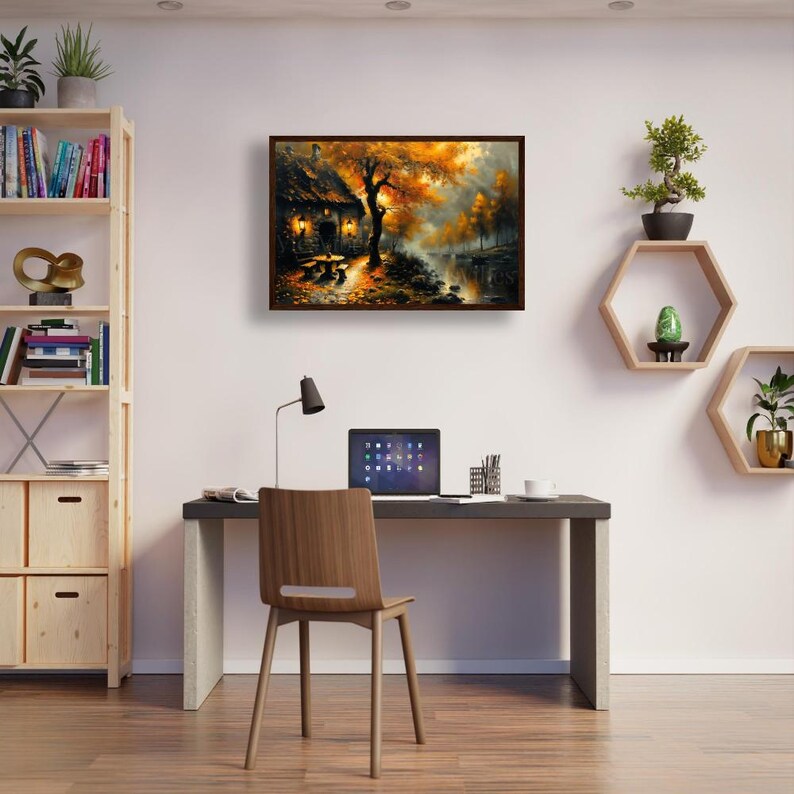 Rustic House Wall Art Fall River Scene Autumn Lanterns Framed Cozy Cabin Warm Trees Misty Dusk Landscape Poster Canvas Print Home Decor