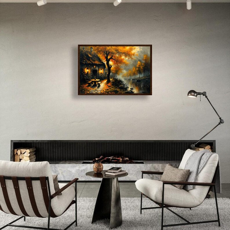 Rustic House Wall Art Fall River Scene Autumn Lanterns Framed Cozy Cabin Warm Trees Misty Dusk Landscape Poster Canvas Print Home Decor