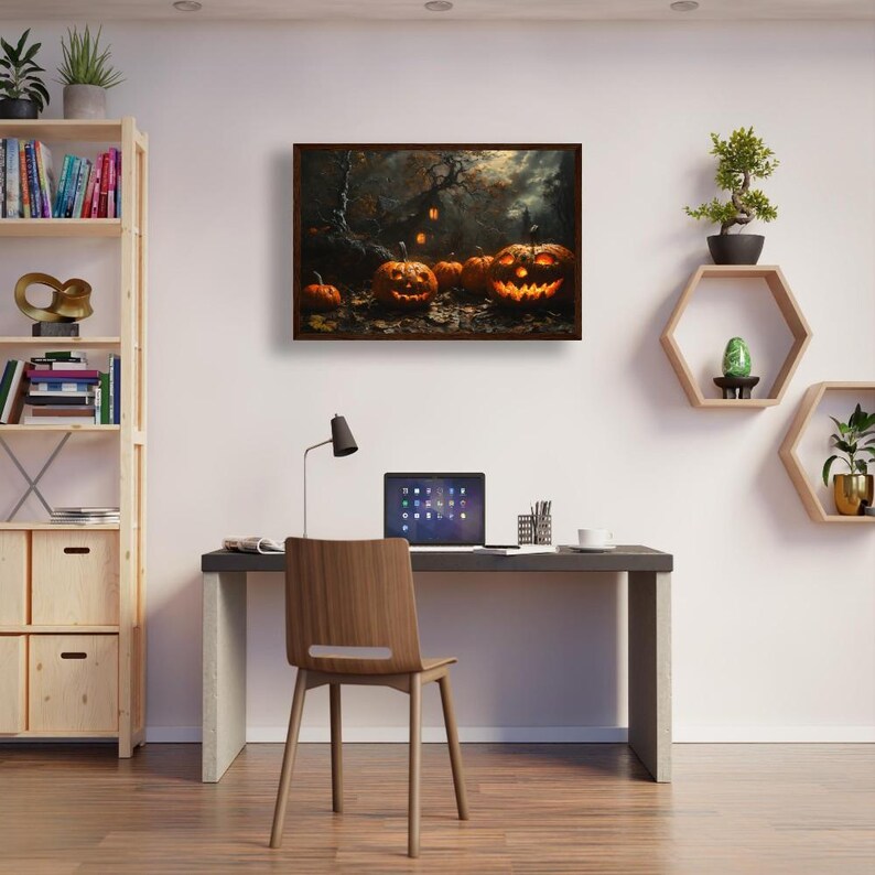 Spooky Halloween Wall Art Jack-o'-Lantern Haunted House Poster Gothic Fall Decor Framed Pumpkins Eerie Scene Dark Landscape Canvas Print