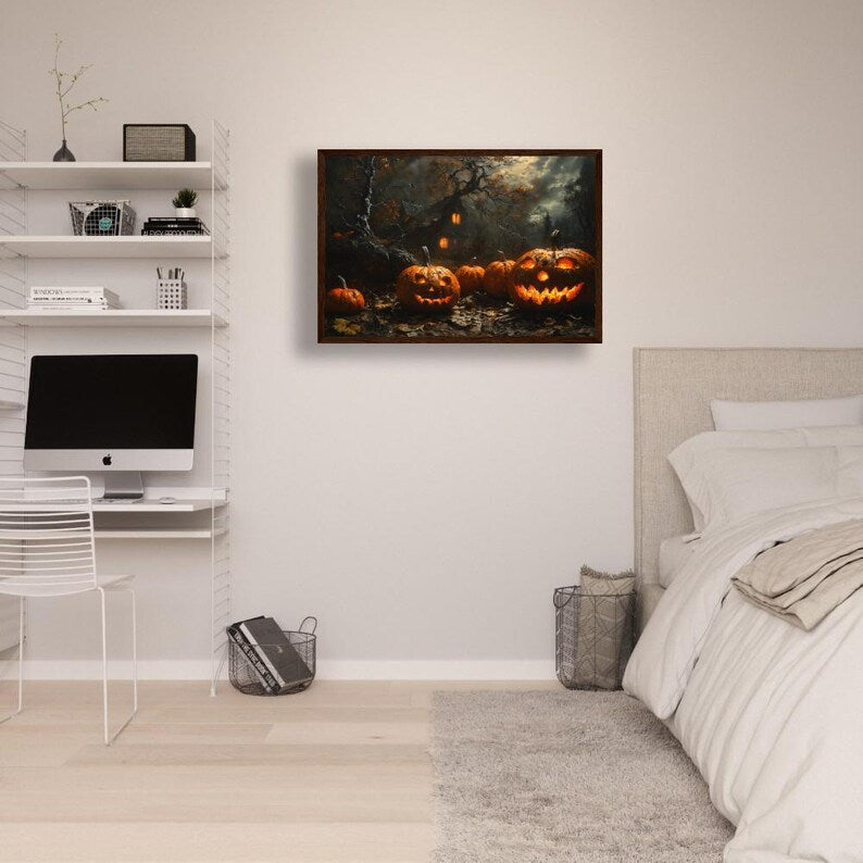 Spooky Halloween Wall Art Jack-o'-Lantern Haunted House Poster Gothic Fall Decor Framed Pumpkins Eerie Scene Dark Landscape Canvas Print