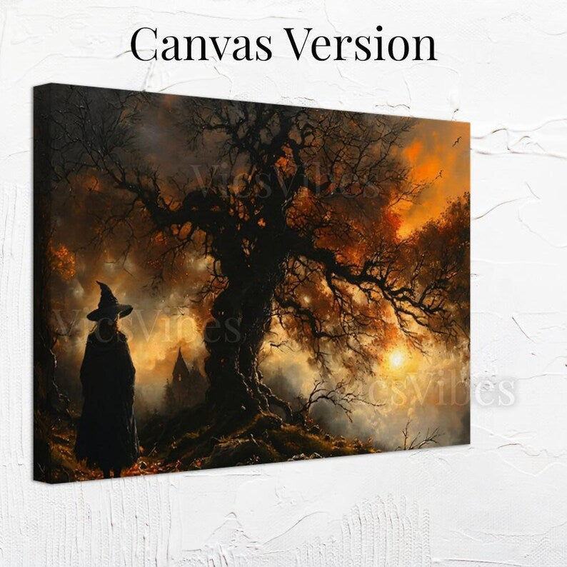 Witch Wall Art Gothic Landscape Twisted Tree Sunset Scene Spooky Halloween Decor Framed Dark Fantasy Eerie Poster Canvas Print