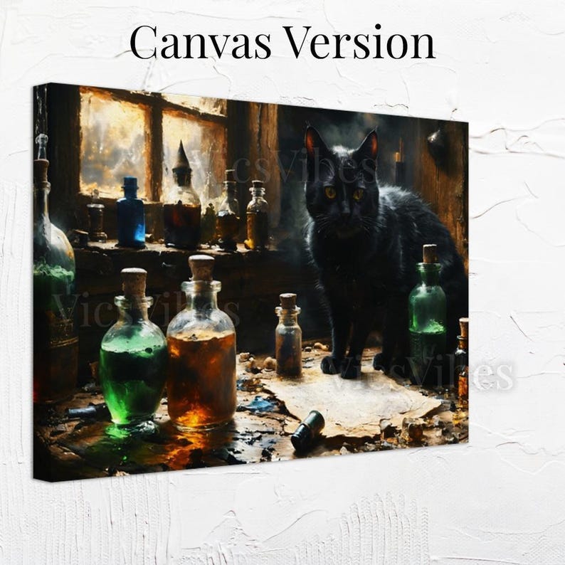 Halloween Black Cat Wall Art Rustic Cabin Scene Witchy Decor Warm Fall Light Framed Glass Bottles Cozy Home Poster Canvas Print