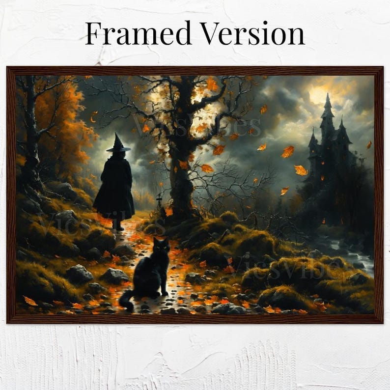 Witch and Black Cat Wall Art Gothic Castle Scene Eerie Fall Landscape Halloween Framed Decor Spooky Poster Autumn Leaves Dark Fantasy