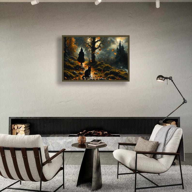 Witch and Black Cat Wall Art Gothic Castle Scene Eerie Fall Landscape Halloween Framed Decor Spooky Poster Autumn Leaves Dark Fantasy