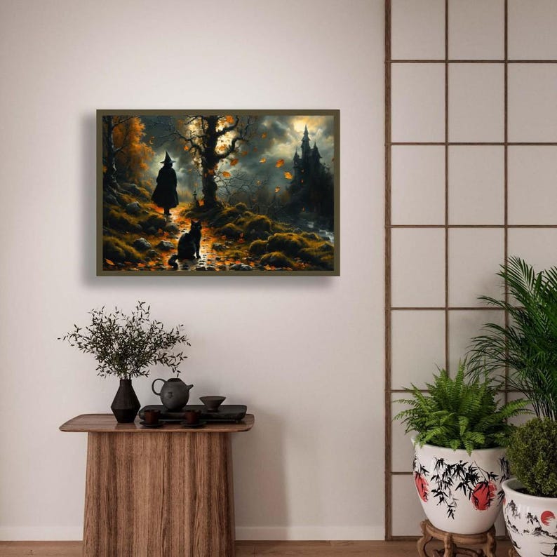 Witch and Black Cat Wall Art Gothic Castle Scene Eerie Fall Landscape Halloween Framed Decor Spooky Poster Autumn Leaves Dark Fantasy
