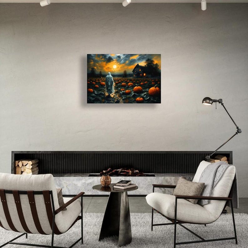 Spooky Ghost Wall Art Haunted House Pumpkin Patch Scene Full Moon Halloween Decor Framed Eerie Fall Poster Gothic Dark Canvas Print