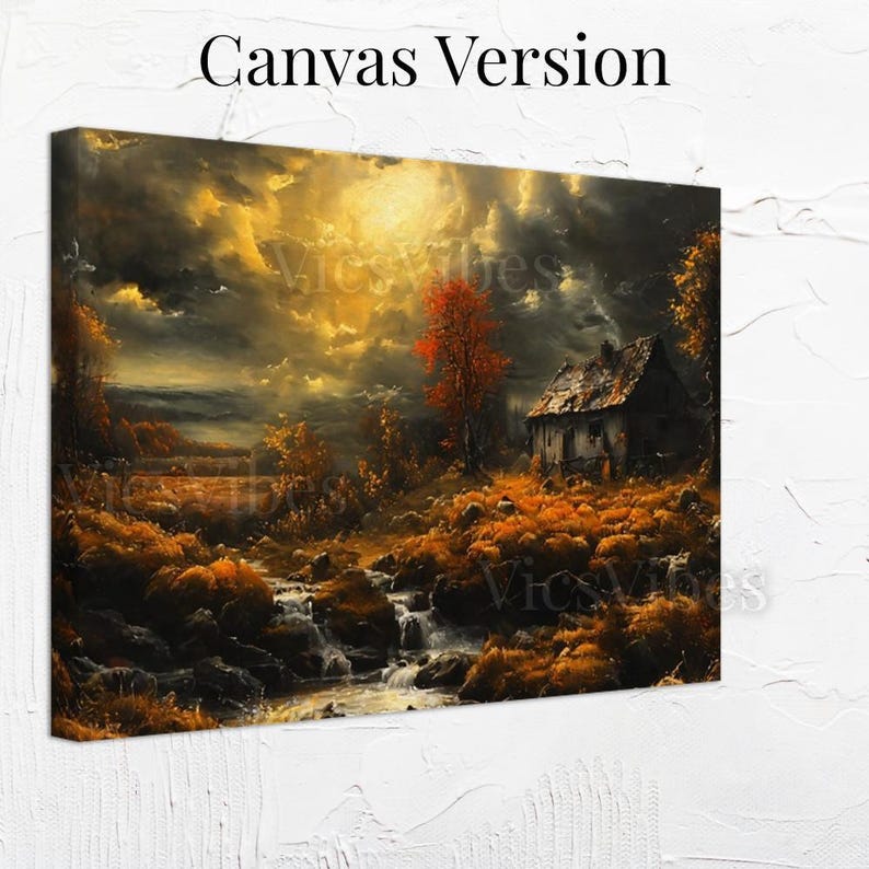 Fall Landscape Wall Art Autumn Landscape Scene Flowing Stream Framed Fall Poster Cozy Nature Decor Moody Sky Trees Canvas Print