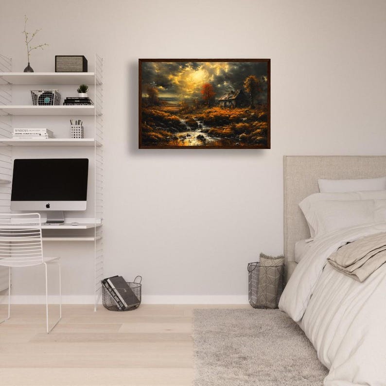 Fall Landscape Wall Art Autumn Landscape Scene Flowing Stream Framed Fall Poster Cozy Nature Decor Moody Sky Trees Canvas Print
