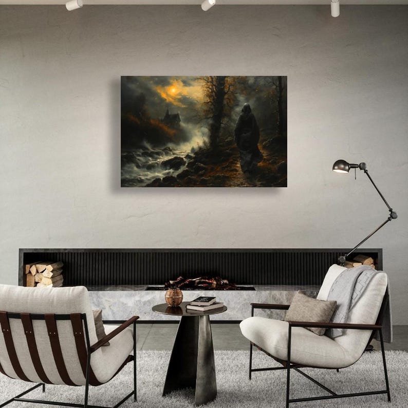 Haunted Path Wall Art Ghostly Figure Scene Framed Poster Moonlit Night Eerie Landscape Spooky Decor Haunted House Canvas Print