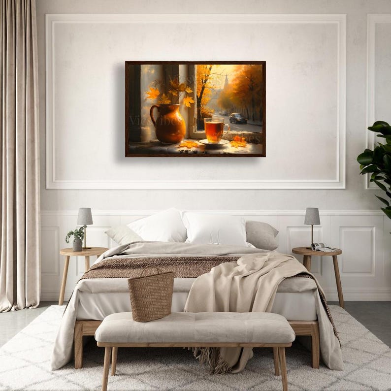 Cozy Fall Window Scene with Tea and Leaves Autumn Wall Art Poster Canvas or Framed Print for Warm Home Decor