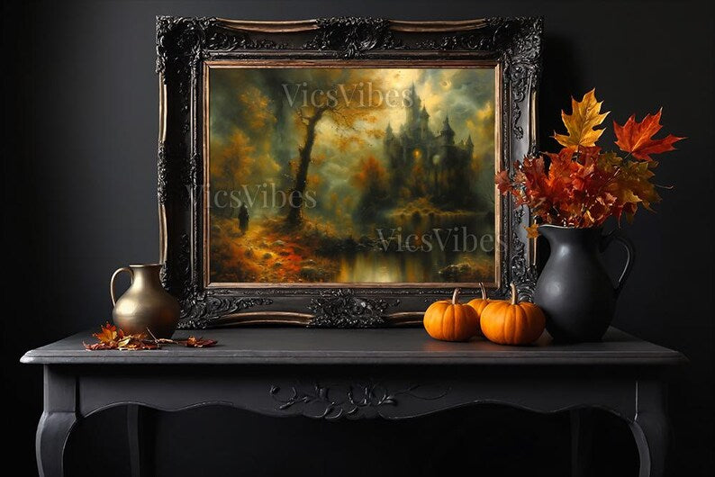 Fantasy Castle Fall Landscape Wall Art Gothic Fantasy Poster Canvas or Framed Art for Autumn Home Decor