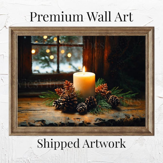 Vintage Candle Window Scene Print Rustic Christmas Decor Winter Wall Art Cozy Holiday Print Canvas Poster or Framed Art Christmas Home Decor