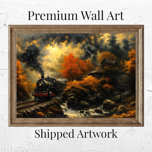 Train Landscape Wall Art Autumn Steam Train Poster Fall Forest Scene Cozy Cabin Wall Decor Framed Rustic Stream Painting Canvas Print