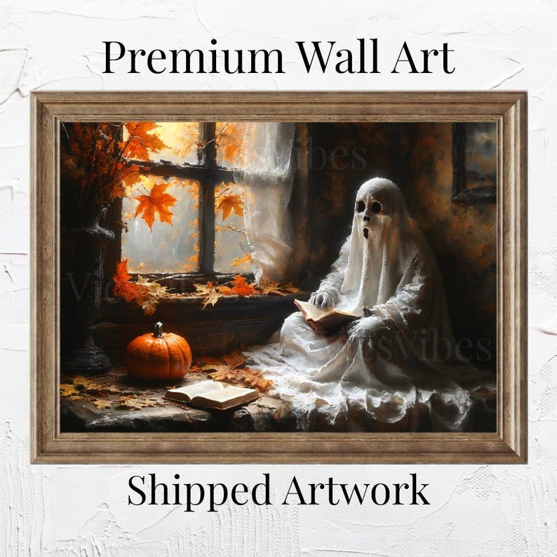 Ghost Art Print Halloween Decor Gothic Canvas Spooky Autumn Scene Ghost Reading Pumpkin Fall Leaves Framed Wall Art Cozy Home Decor