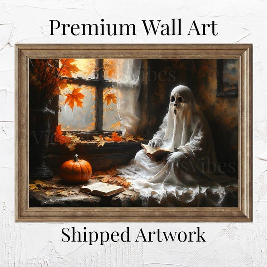Ghost Art Print Halloween Decor Gothic Canvas Spooky Autumn Scene Ghost Reading Pumpkin Fall Leaves Framed Wall Art Cozy Home Decor