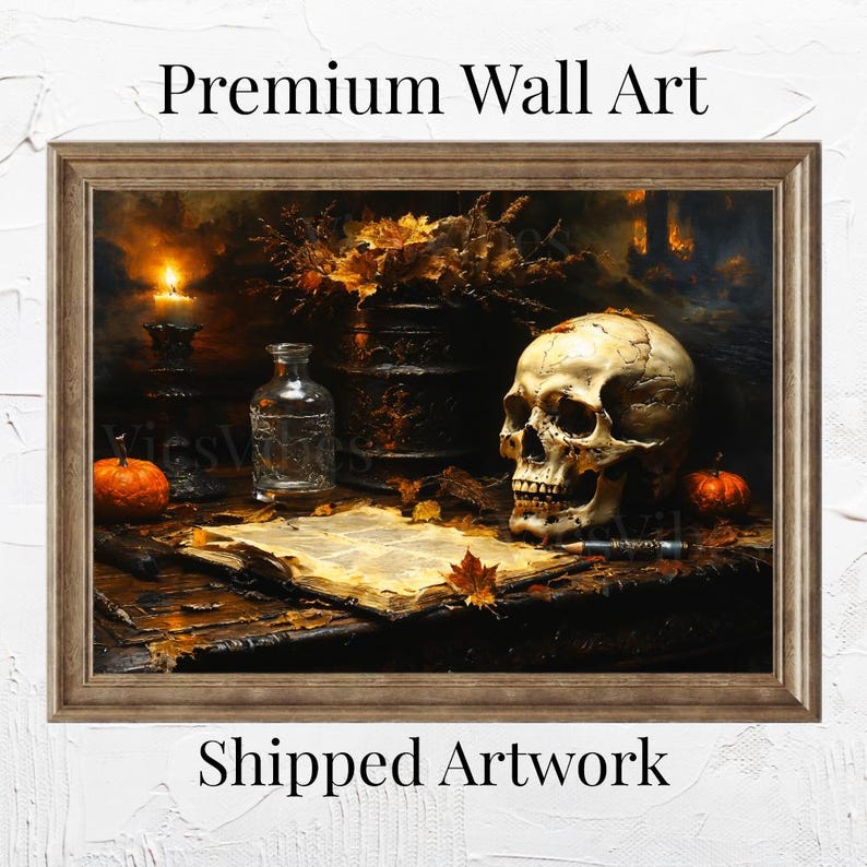 Skull Art Canvas Halloween Decor Spooky Gothic Still Life Candle Autumn Leaves Pumpkin Dark Fall Wall Art Framed Poster