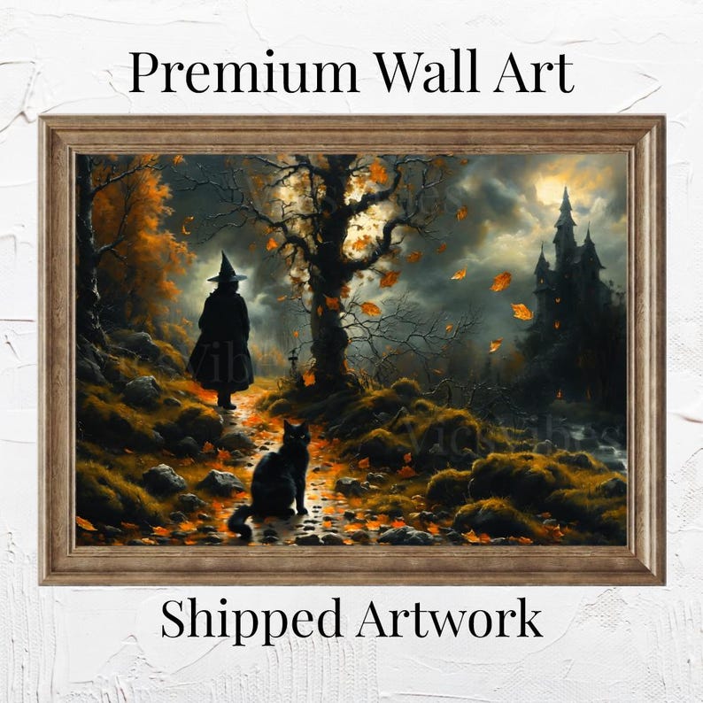 Witch and Black Cat Wall Art Gothic Castle Scene Eerie Fall Landscape Halloween Framed Decor Spooky Poster Autumn Leaves Dark Fantasy