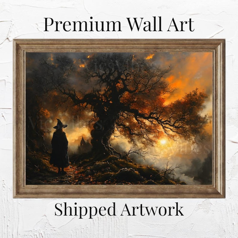 Witch Wall Art Gothic Landscape Twisted Tree Sunset Scene Spooky Halloween Decor Framed Dark Fantasy Eerie Poster Canvas Print