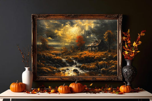 Fall Landscape Wall Art Autumn Landscape Scene Flowing Stream Framed Fall Poster Cozy Nature Decor Moody Sky Trees Canvas Print