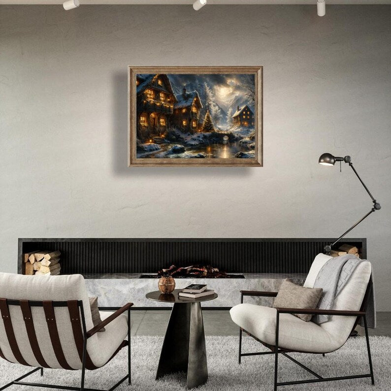 Snowy Cabin Wall Art Christmas Winter Scene Print Cozy Fireplace Holiday Decor Rustic Artwork Poster Canvas Framed Gift for Home