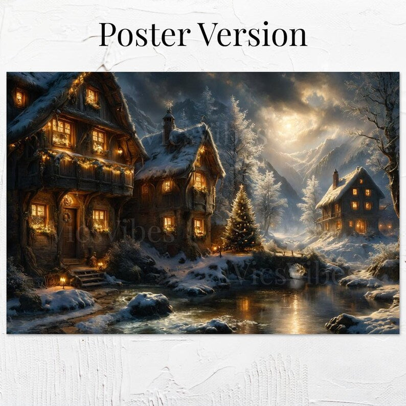 Snowy Cabin Wall Art Christmas Winter Scene Print Cozy Fireplace Holiday Decor Rustic Artwork Poster Canvas Framed Gift for Home