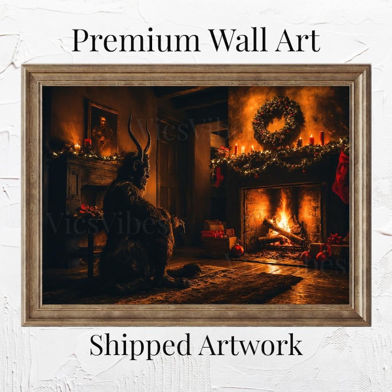 Krampus Christmas Wall Art Snowy Scene Cozy Winter Fireplace Holiday Print Rustic Decor Poster Canvas or Framed Gift for Home