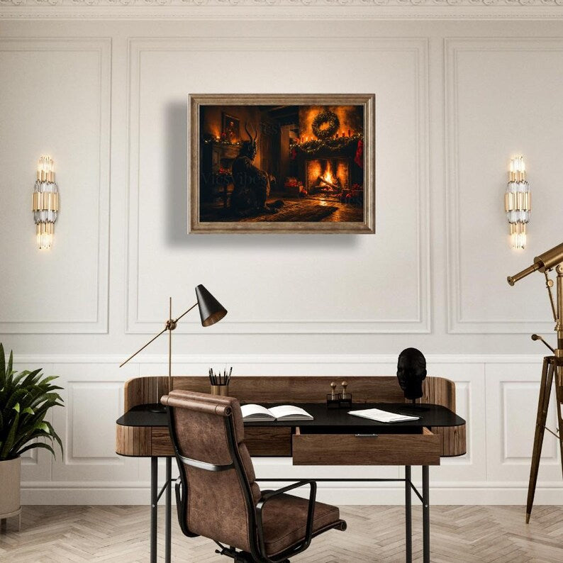 Krampus Christmas Wall Art Snowy Scene Cozy Winter Fireplace Holiday Print Rustic Decor Poster Canvas or Framed Gift for Home