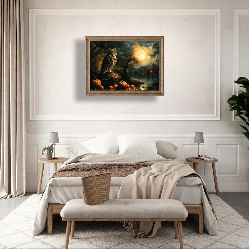 Vintage Owl Painting | Owl and Moon Painting | Gothic Halloween Wall Art | Vintage Oil Painting | Rustic Fine Art | Print and Ship