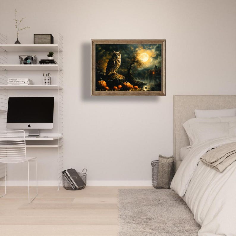 Vintage Owl Painting | Owl and Moon Painting | Gothic Halloween Wall Art | Vintage Oil Painting | Rustic Fine Art | Print and Ship