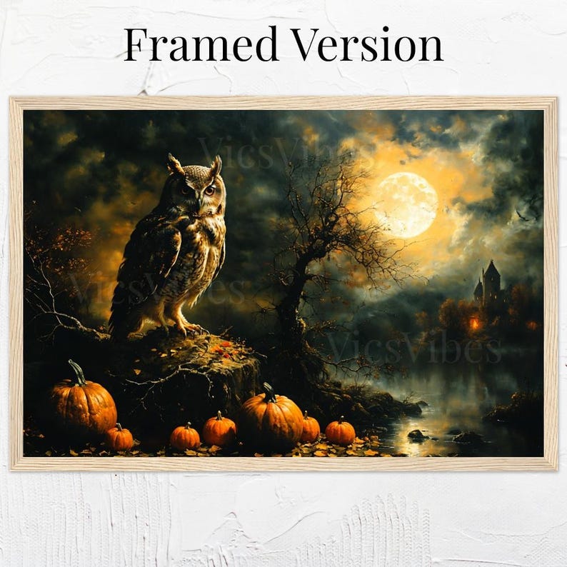 Vintage Owl Painting | Owl and Moon Painting | Gothic Halloween Wall Art | Vintage Oil Painting | Rustic Fine Art | Print and Ship