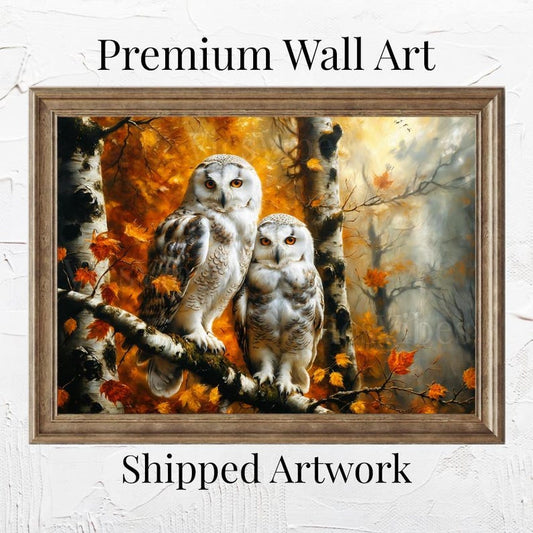 Owl Painting Vintage Print Rustic Fall Woodland Scene Autumn Wildlife Home Decor Framed Canvas or Poster Owl Lovers Wall Art Shipped Decor