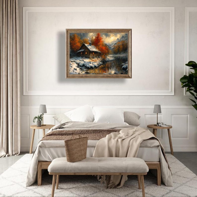 Mountain Cabin Art Print Autumn Landscape Rustic Home Decor Fall Snow Scene Framed or Canvas Cozy Winter Wall Art Mountain Cabin Decor