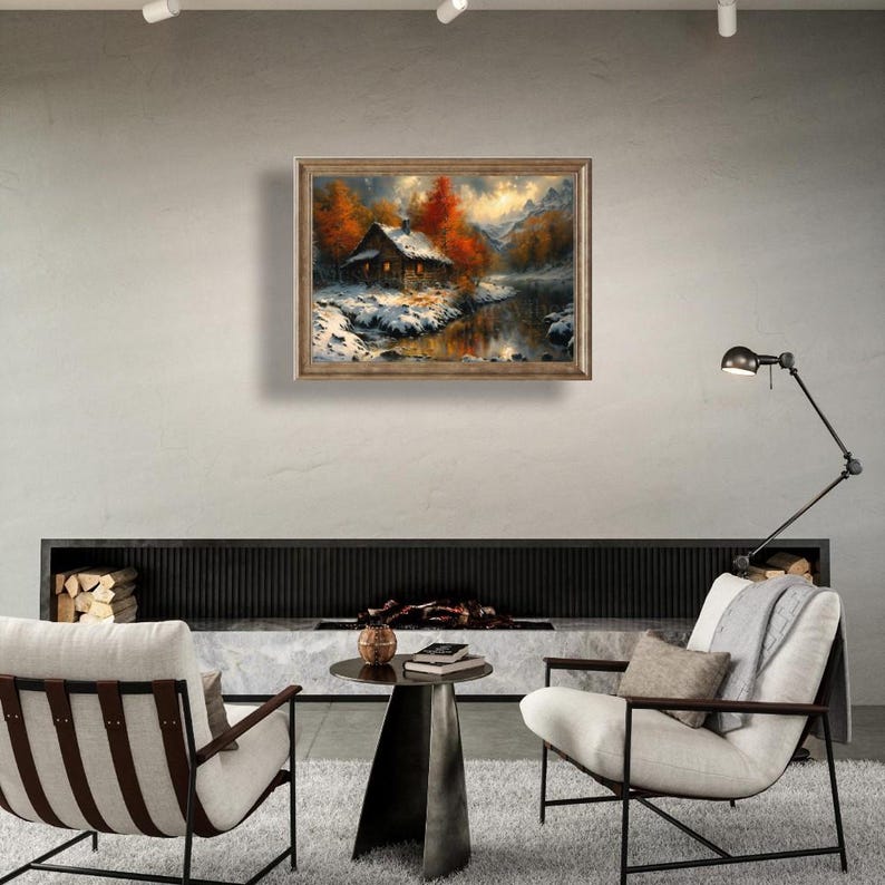 Mountain Cabin Art Print Autumn Landscape Rustic Home Decor Fall Snow Scene Framed or Canvas Cozy Winter Wall Art Mountain Cabin Decor