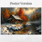 Mountain Cabin Art Print Autumn Landscape Rustic Home Decor Fall Snow Scene Framed or Canvas Cozy Winter Wall Art Mountain Cabin Decor