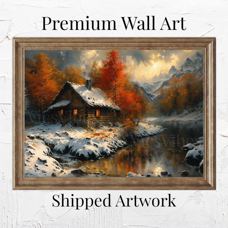 Mountain Cabin Art Print Autumn Landscape Rustic Home Decor Fall Snow Scene Framed or Canvas Cozy Winter Wall Art Mountain Cabin Decor