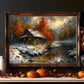 Mountain Cabin Art Print Autumn Landscape Rustic Home Decor Fall Snow Scene Framed or Canvas Cozy Winter Wall Art Mountain Cabin Decor