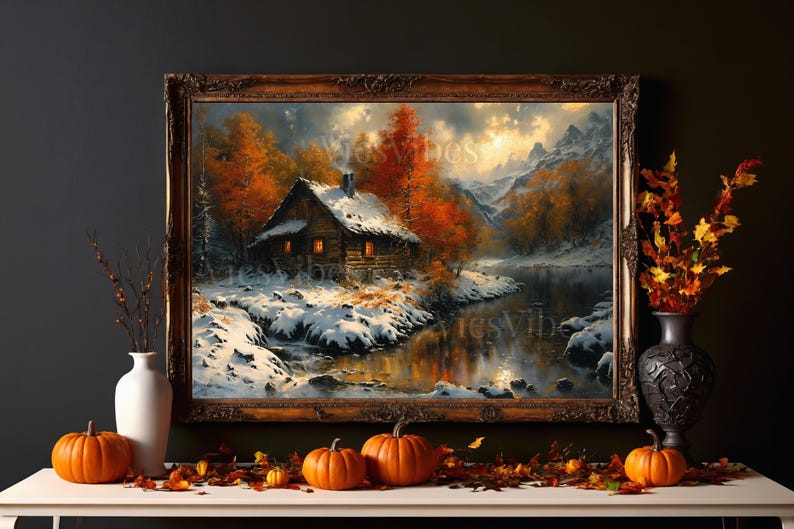 Mountain Cabin Art Print Autumn Landscape Rustic Home Decor Fall Snow Scene Framed or Canvas Cozy Winter Wall Art Mountain Cabin Decor