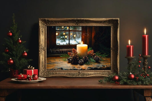 Vintage Candle Window Scene Print Rustic Christmas Decor Winter Wall Art Cozy Holiday Print Canvas Poster or Framed Art Christmas Home Decor