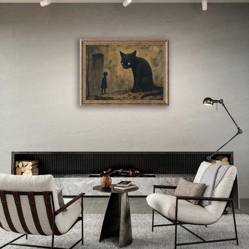 Gothic black cat oil painting disturbing abstract dark academia decor oddities Halloween wall art gothic home décor wall dec