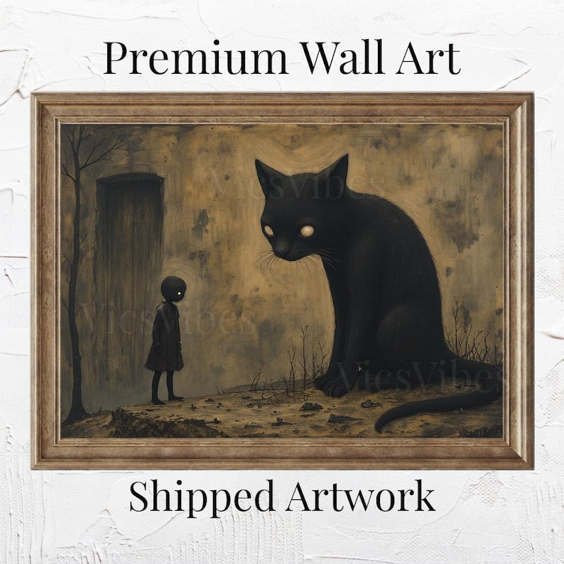 Gothic black cat oil painting disturbing abstract dark academia decor oddities Halloween wall art gothic home décor wall dec