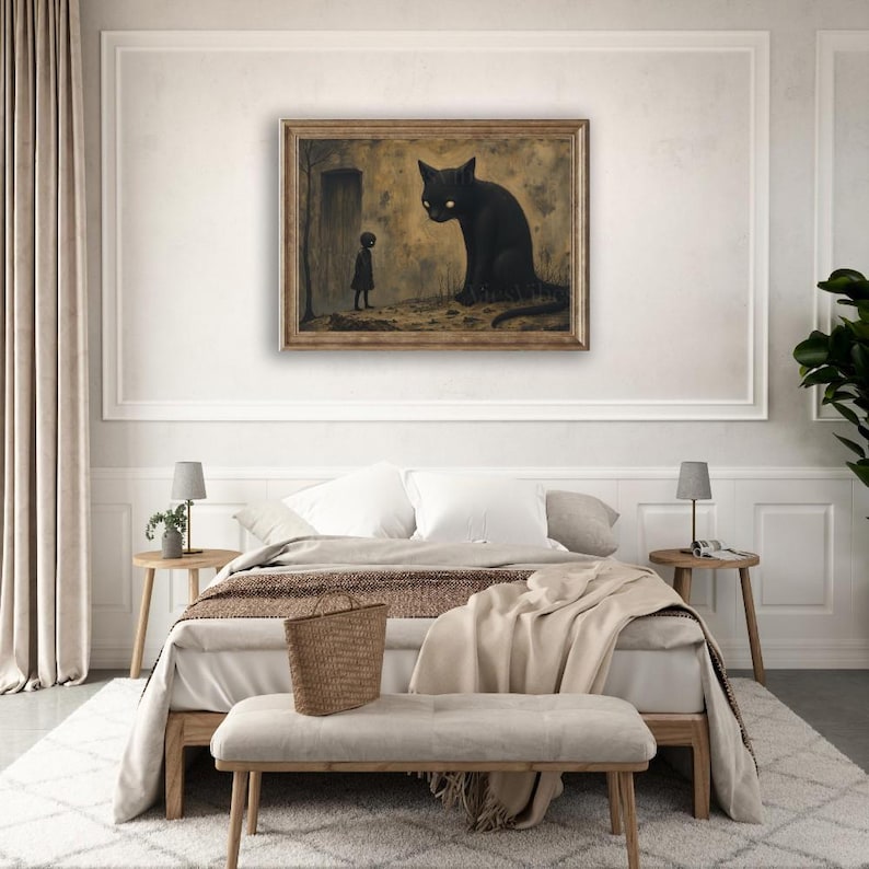 Gothic black cat oil painting disturbing abstract dark academia decor oddities Halloween wall art gothic home décor wall dec