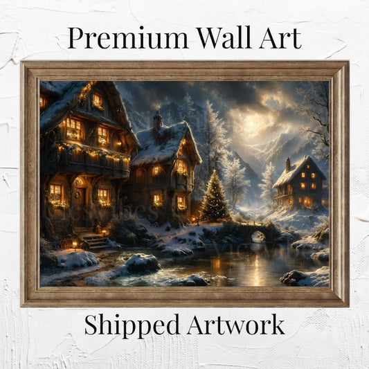 Snowy Cabin Wall Art Christmas Winter Scene Print Cozy Fireplace Holiday Decor Rustic Artwork Poster Canvas Framed Gift for Home