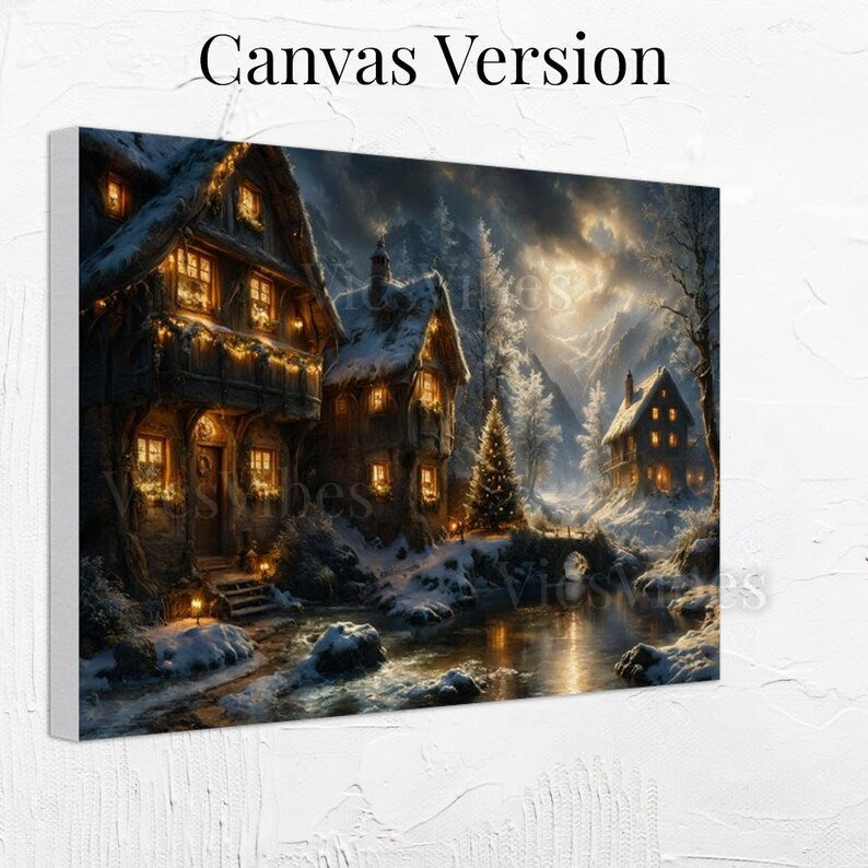 Snowy Cabin Wall Art Christmas Winter Scene Print Cozy Fireplace Holiday Decor Rustic Artwork Poster Canvas Framed Gift for Home